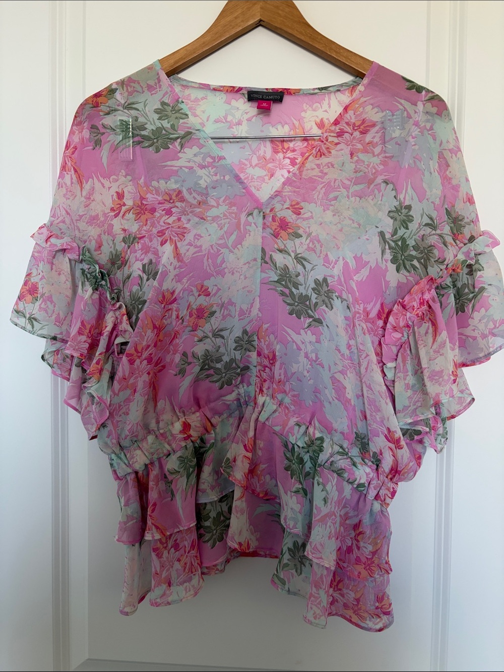 Vince Camuto Pink & Green Floral Ruffle V-Neck Blouse